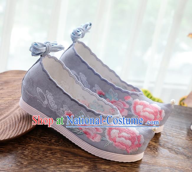 China National Embroidered Peony Hanfu Shoes Traditional Ming Dynasty Princess Shoes Handmade Grey Cloth Shoes