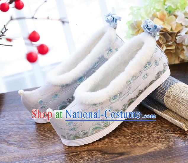 China Handmade Ancient Princess Shoes National Embroidered Grey Cloth Shoes Traditional Winter Hanfu Shoes