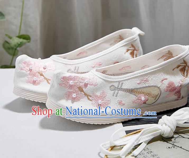 China Traditional Hanfu Shoes Handmade Ancient Princess Cloth Shoes National Embroidered Peach Blossom Lute Shoes