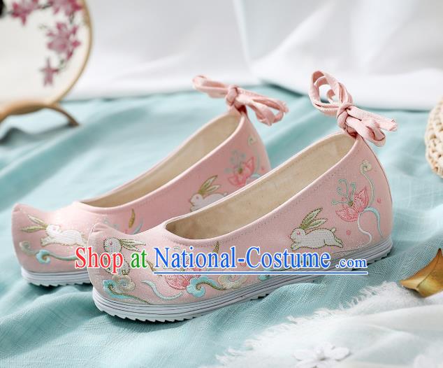 China Traditional Ming Dynasty Hanfu Shoes Handmade Princess Pink Cloth Shoes National Embroidered Rabbit Shoes