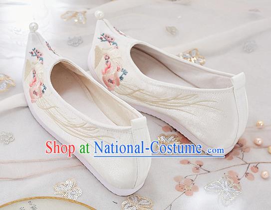 China Traditional Hanfu Bow Shoes Handmade Princess Pearl Shoes National Embroidered Phoenix White Cloth Shoes