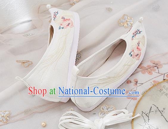 China Traditional Hanfu Bow Shoes Handmade Princess Pearl Shoes National Embroidered Phoenix White Cloth Shoes