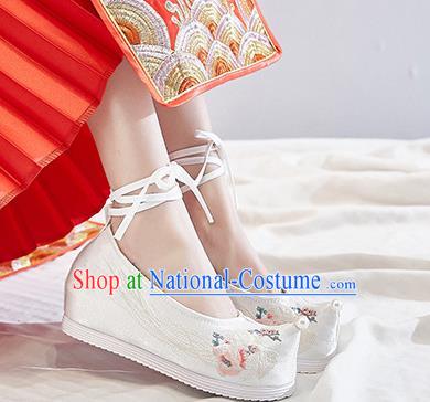 China Traditional Hanfu Bow Shoes Handmade Princess Pearl Shoes National Embroidered Phoenix White Cloth Shoes