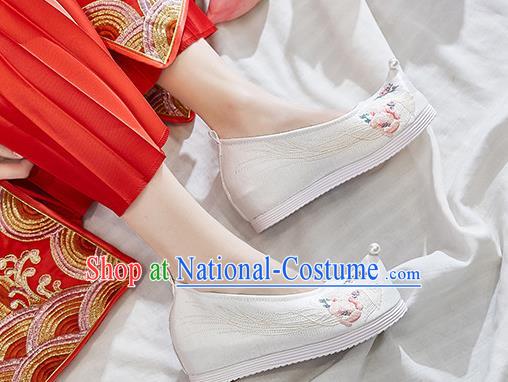 China Traditional Hanfu Bow Shoes Handmade Princess Pearl Shoes National Embroidered Phoenix White Cloth Shoes