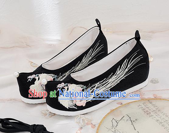 China Handmade Princess Pearl Shoes National Embroidered Phoenix Black Cloth Shoes Traditional Hanfu Bow Shoes