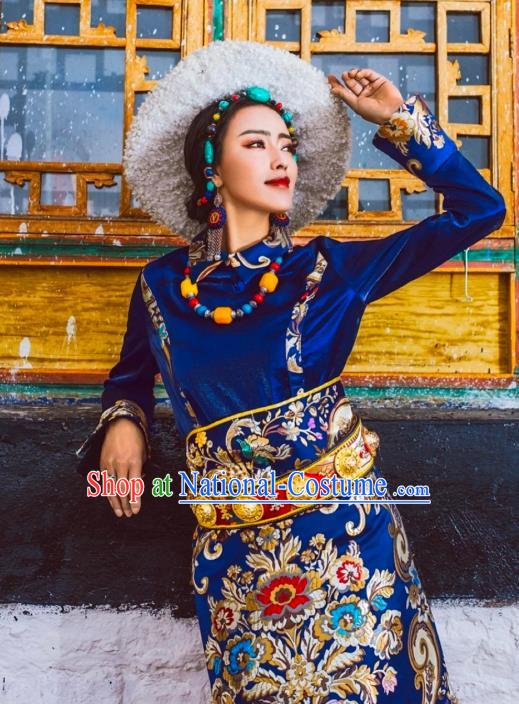 China Zang Nationality Stage Performance Clothing Traditional Xizang Tibetan Minority Wedding Bride Royalblue Brocade Robe