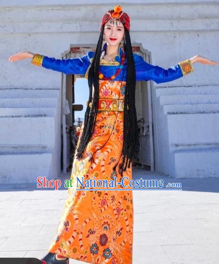 China Zang Nationality Wedding Bride Clothing Traditional Xizang Tibetan Minority Folk Dance Golden Brocade Robe