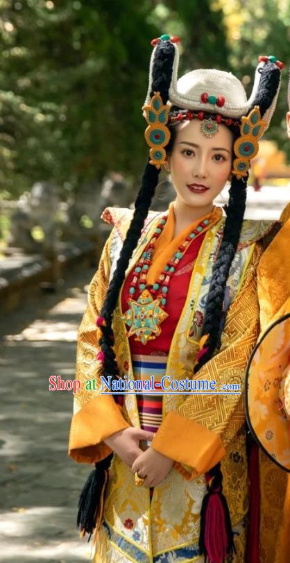 China Zang Nationality Noble Queen Clothing Traditional Xizang Tibetan Minority Golden Brocade Outfits