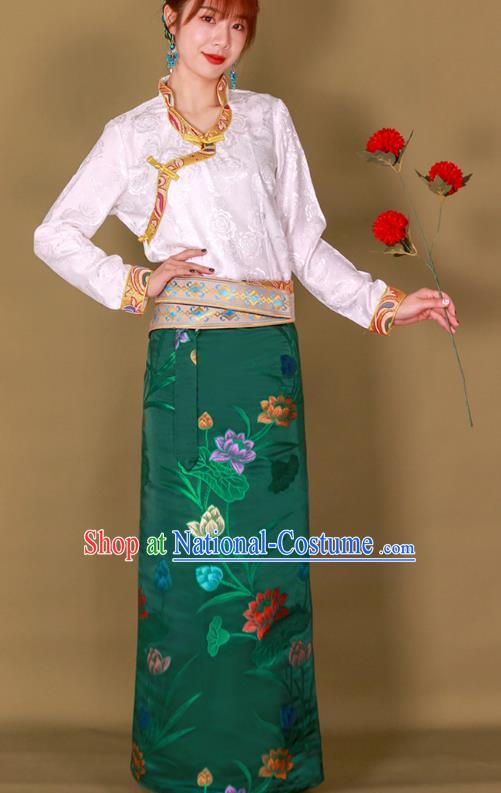 Chinese Tibetan Ethnic Folk Dance Woman Clothing Zang Nationality Heishui Dance Green Brocade Skirt