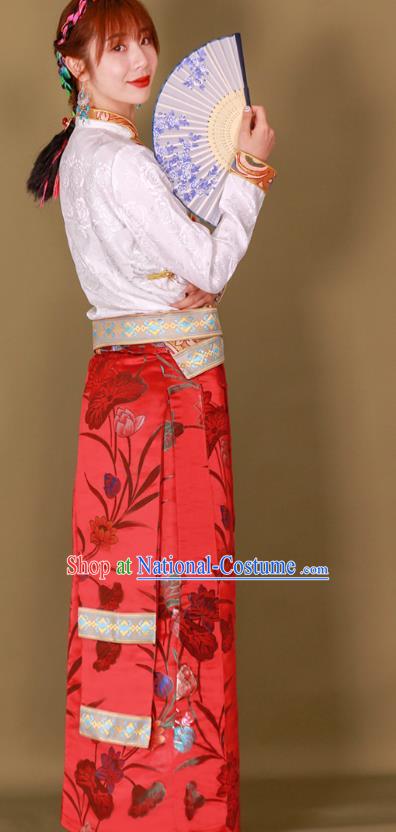 Chinese Tibetan Ethnic Heishui Dance Clothing Zang Nationality Woman Red Brocade Skirt