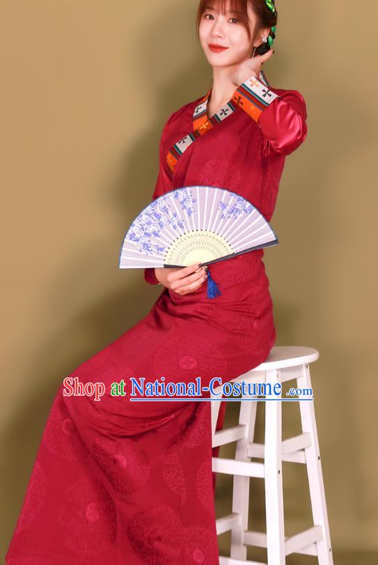 China Zang Nationality Stage Performance Clothing Traditional Xizang Tibetan Minority Folk Dance Red Bola Dress