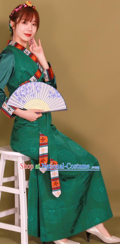 China Zang Nationality Folk Dance Clothing Traditional Xizang Tibetan Minority Heishui Dance Green Bola Dress