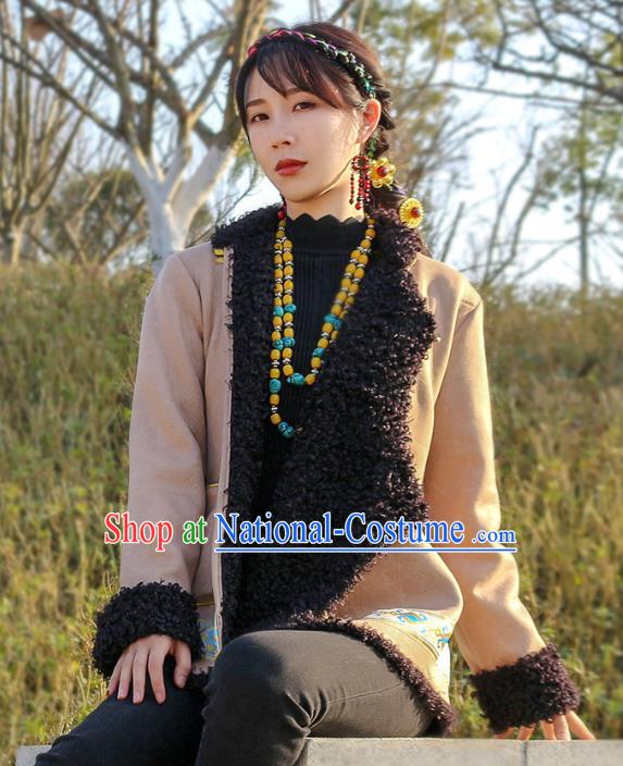 Chinese Zang Nationality Woman Khaki Brushed Jacket Tibetan Ethnic Winter Outer Garment Clothing