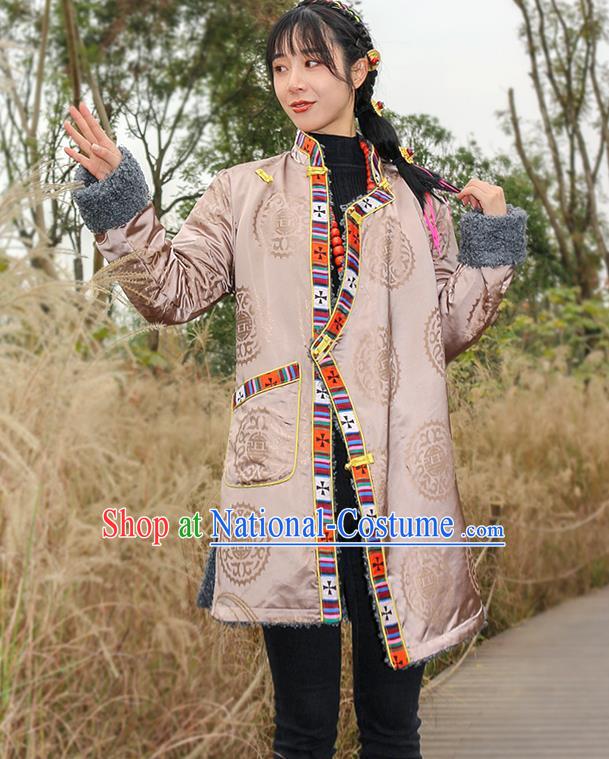 Chinese Zang Nationality Apricot Brocade Cotton Wadded Jacket Traditional Tibetan Ethnic Winter Overcoat Clothing