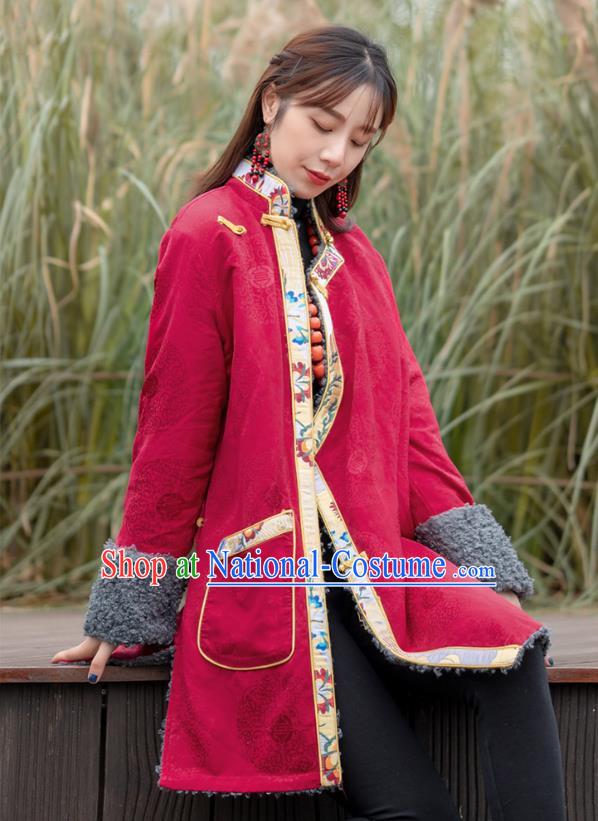 Chinese Traditional Tibetan Ethnic Greatcoat Clothing Zang Nationality Winter Red Brocade Cotton Wadded Coat