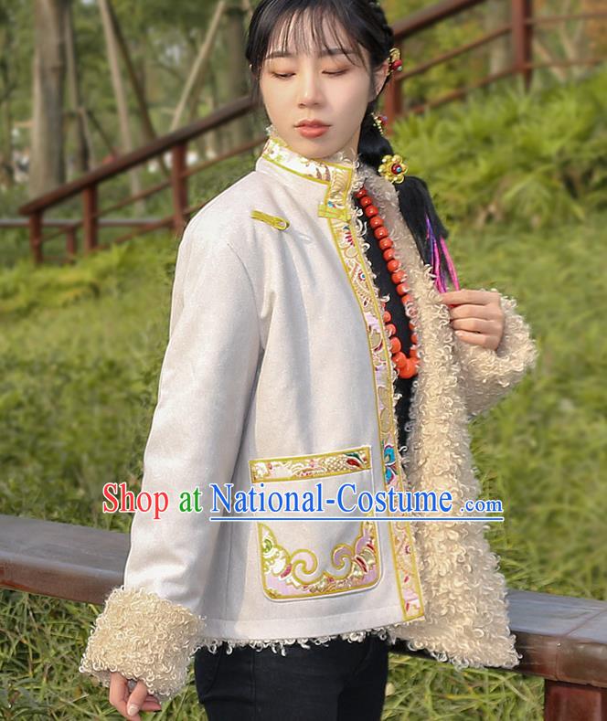 Chinese Traditional Tibetan Ethnic Female Greatcoat Clothing Zang Nationality Winter Embroidered Beige Jacket