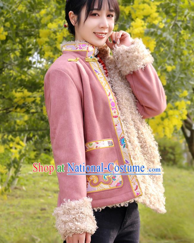 Chinese Zang Nationality Winter Embroidered Pink Jacket Traditional Tibetan Ethnic Female Outer Garment Clothing