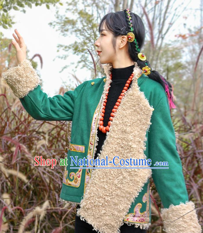 Chinese Zang Nationality Embroidered Green Jacket Clothing Traditional Tibetan Ethnic Winter Outer Garment