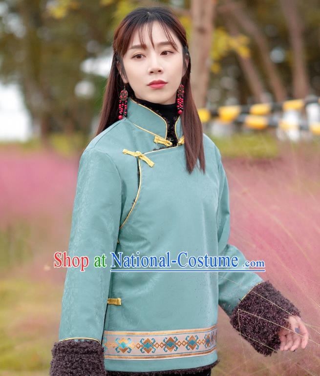 Chinese Zang Nationality Blue Leather Jacket Traditional Tibetan Ethnic Lamb Wool Outer Garment Clothing