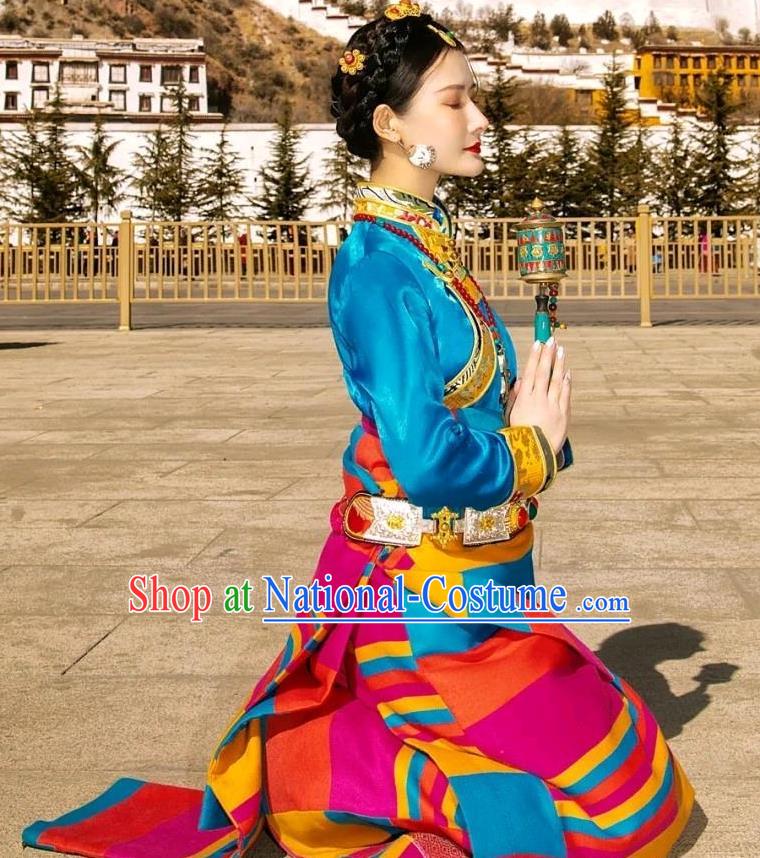 China Zang Nationality Stage Performance Clothing Traditional Xizang Tibetan Minority Blue Blouse and Rosy Robe Outfits