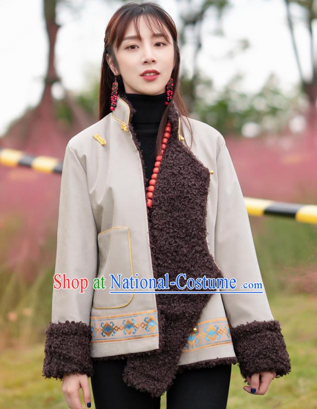 Chinese Traditional Tibetan Ethnic Winter Lamb Wool Outer Garment Clothing Zang Nationality Light Grey Leather Jacket