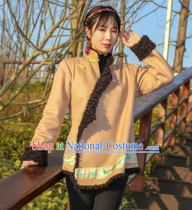 Chinese Traditional Winter Lamb Wool Outer Garment Tibetan Ethnic Khaki Leather Jacket Zang Nationality Clothing