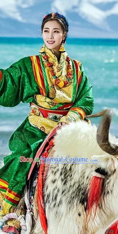 China Zang Nationality Folk Dance Clothing Traditional Xizang Tibetan Minority Wedding Bride Green Brocade Robe