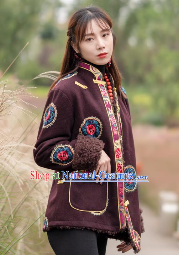 Chinese Tibetan Ethnic Embroidered Wine Red Jacket Zang Nationality Winter Clothing Traditional Lamb Wool Outer Garment