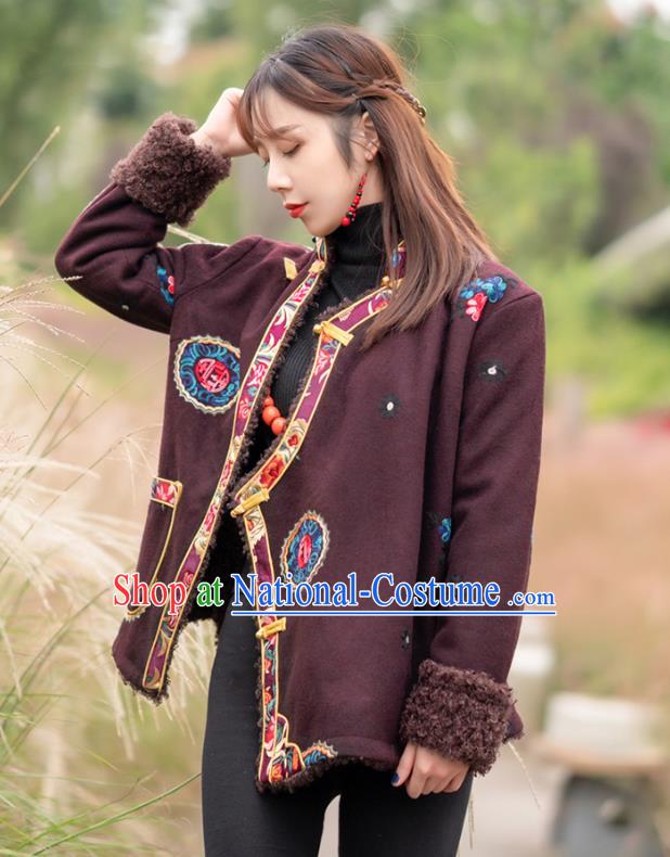 Chinese Tibetan Ethnic Embroidered Wine Red Jacket Zang Nationality Winter Clothing Traditional Lamb Wool Outer Garment