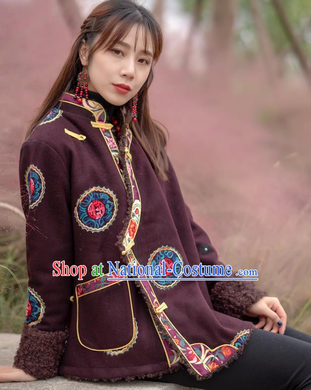 Chinese Tibetan Ethnic Embroidered Wine Red Jacket Zang Nationality Winter Clothing Traditional Lamb Wool Outer Garment