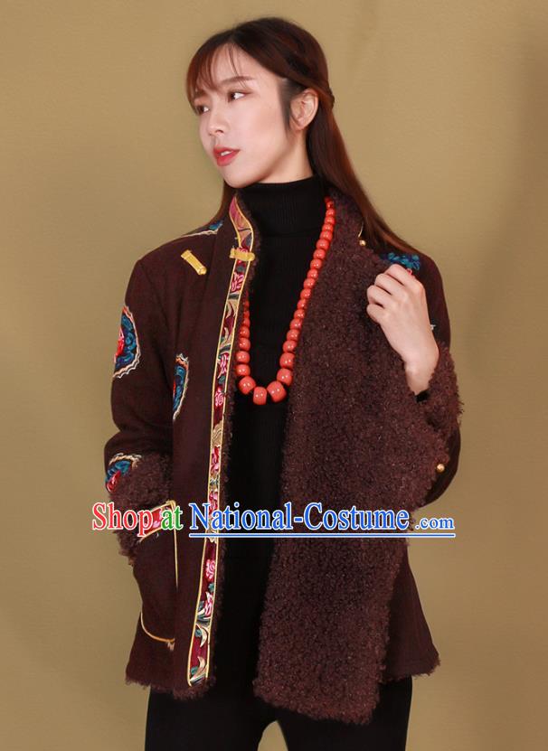 Chinese Tibetan Ethnic Embroidered Wine Red Jacket Zang Nationality Winter Clothing Traditional Lamb Wool Outer Garment