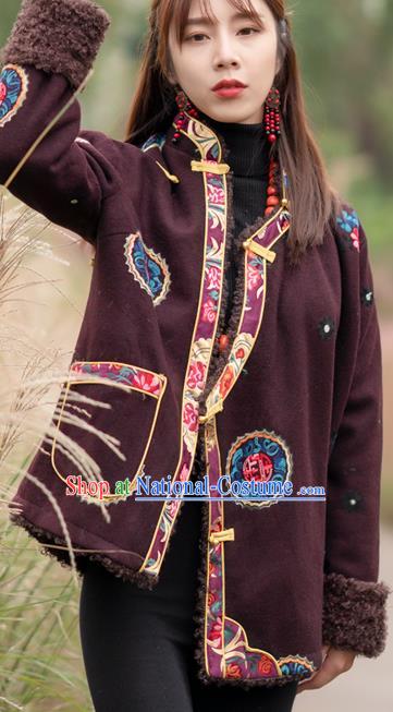 Chinese Tibetan Ethnic Embroidered Wine Red Jacket Zang Nationality Winter Clothing Traditional Lamb Wool Outer Garment