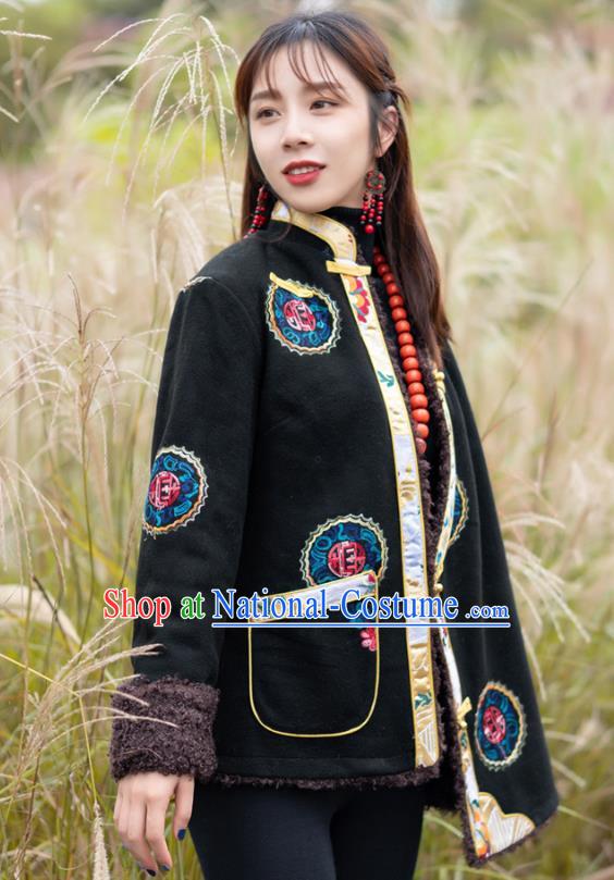 Chinese Traditional Lamb Wool Outer Garment Tibetan Ethnic Embroidered Black Jacket Zang Nationality Winter Clothing