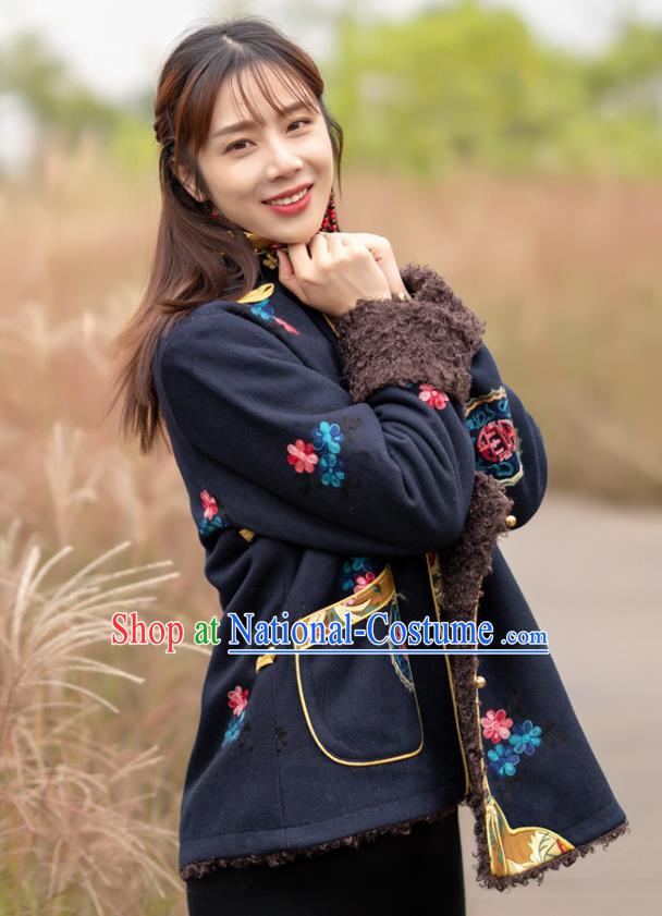 Chinese Traditional Zang Nationality Winter Clothing Lamb Wool Outer Garment Tibetan Ethnic Embroidered Navy Jacket