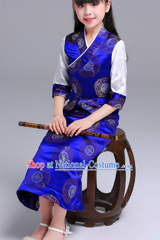 Chinese Traditional Zang Nationality Children Costumes Tibetan Ethnic Minority Girl Royalblue Brocade Dress