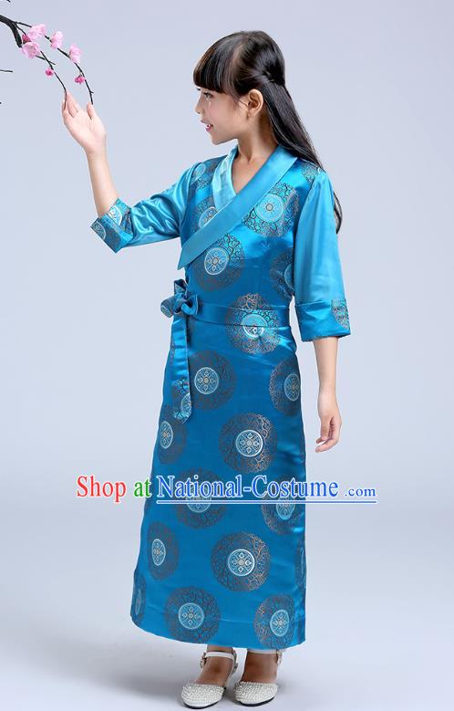 Chinese Traditional Zang Nationality Folk Dance Costumes Tibetan Ethnic Minority Girl Blue Brocade Bola Dress