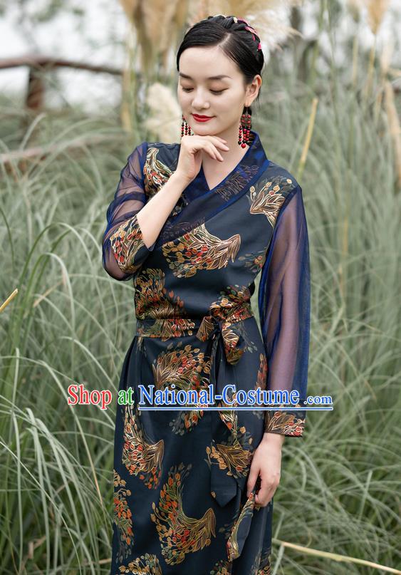 China Traditional Tibetan Woman Navy Blue Bola Dress Costume Zang Nationality Minority Stage Performance Clothing