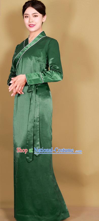 China Traditional Zang Nationality Kangba Stage Performance Clothing Tibetan Ethnic Woman Green Bola Dress