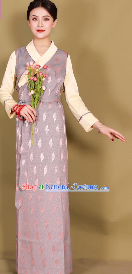 China Traditional Zang Minority Costume Xizang Tibetan Ethnic Woman Lilac Bola Dress Clothing