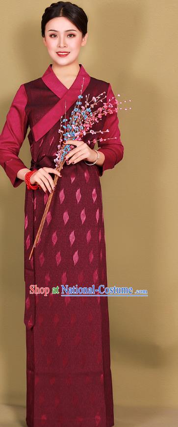 China Xizang Tibetan Ethnic Wine Red Bola Dress Clothing Traditional Zang Minority Woman Costume