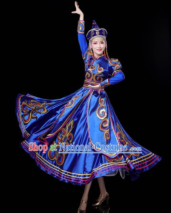 Chinese Mongol Ethnic Folk Dance Royalblue Dress Traditional Mongolian Nationality Stage Performance Costume