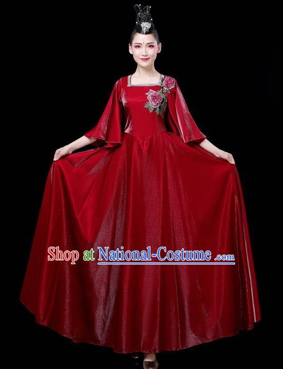 China Woman Chorus Wine Red Dress Spring Festival Gala Opening Dance Modern Dance Clothing