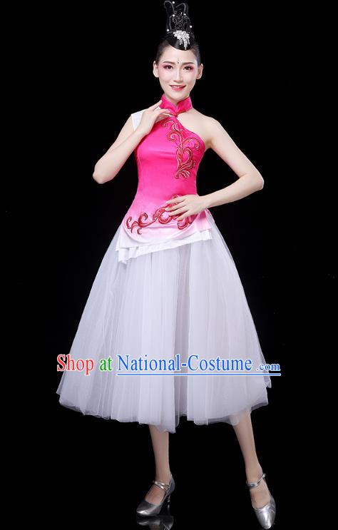 China Woman Chorus Costume Modern Dance Clothing Spring Festival Gala Opening Dance Rosy Dress