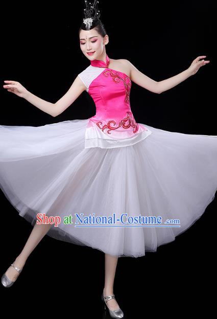 China Woman Chorus Costume Modern Dance Clothing Spring Festival Gala Opening Dance Rosy Dress