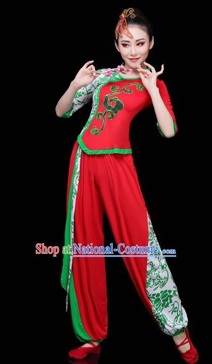 China Drum Dance Yangko Dance Clothing Traditional Folk Dance Fan Dance Red Outfits