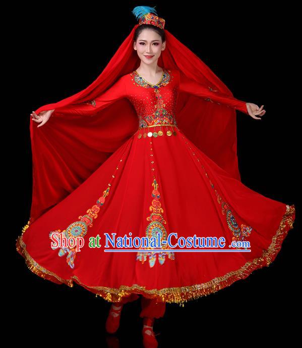 Chinese Xinjiang Ethnic Folk Dance Red Dress Traditional Uygur Nationality Stage Performance Costume