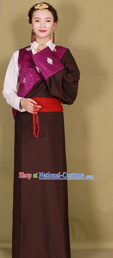 China Xizang Ethnic Folk Dance Clothing Traditional Brown Tibetan Robe Zang Minority Woman Costume