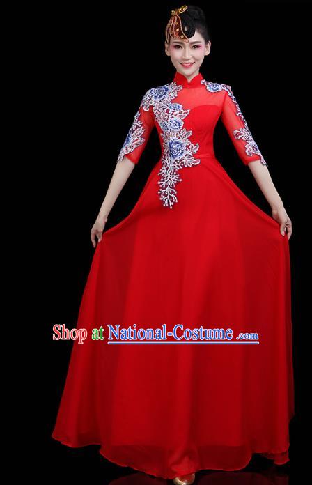 China Woman Embroidered Chorus Costume Modern Dance Clothing Opening Dance Red Dress