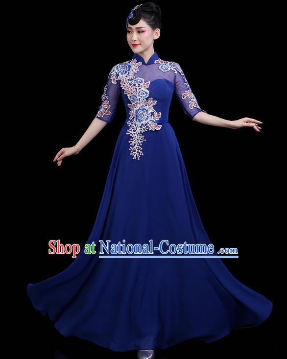 China Opening Dance Deep Blue Dress Woman Embroidered Chorus Costume Modern Dance Clothing