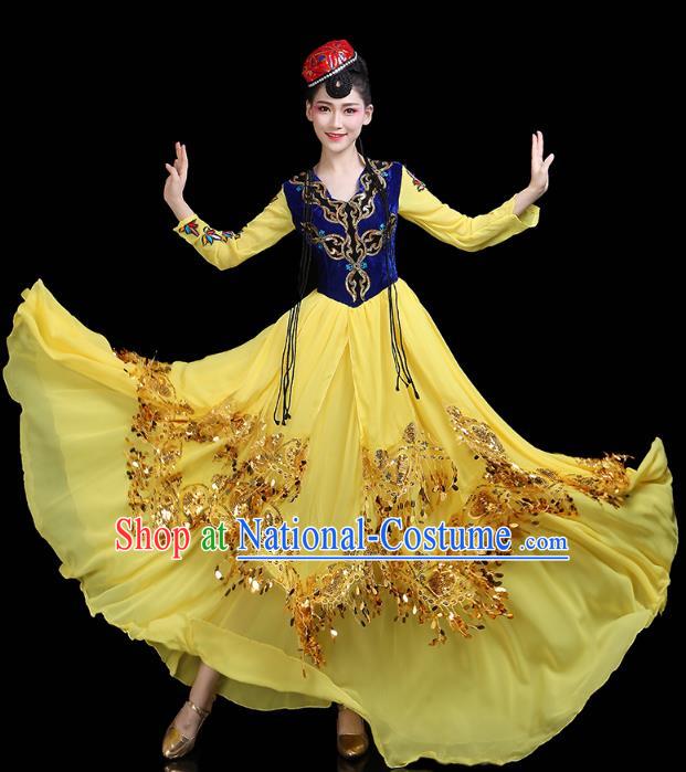 Chinese Xinjiang Ethnic Woman Yellow Dress Traditional Uygur Nationality Dance Performance Costume